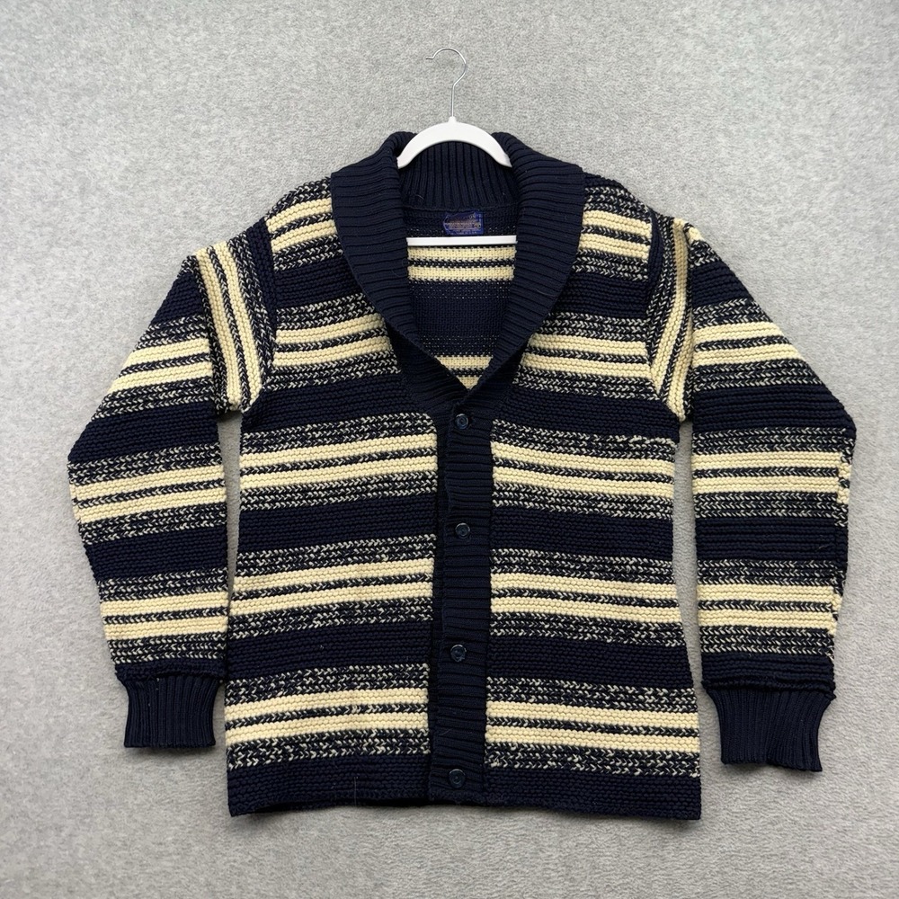 Vintage 70s Pendleton Wool Cardigan Sweater Blue Striped Cream Shawl Collar M